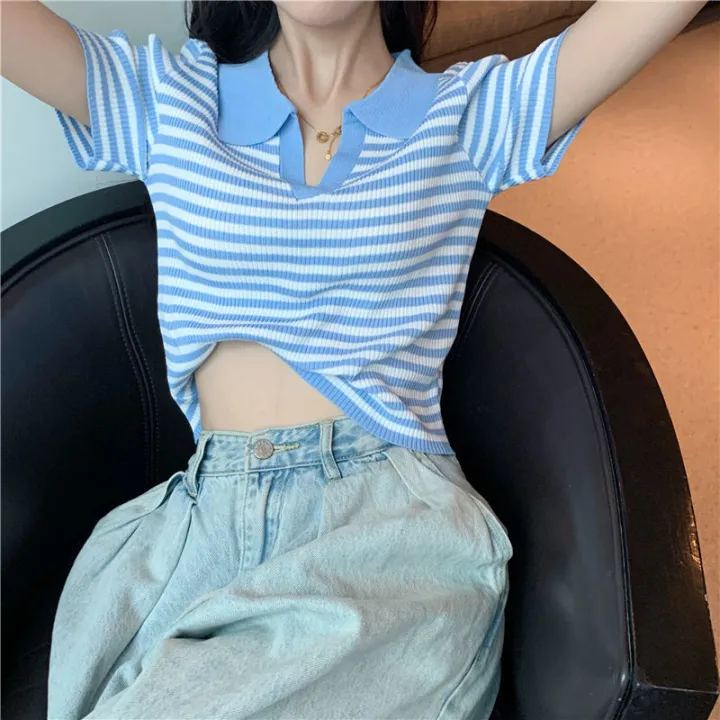 Stripes%20T%20Women's%20Summer%20Thin%20T-shirt%20Polo%20Collar%20T-shirt%20Shory%20Style%20High%20Waist%20Navel-Exposed%20Design%20Sense%20Niche%20Knitted%20Hot%20Girl%20Top%20-%20Image%203
