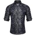 Luxury Silk Shirts for Men Black Silver Paisley Wedding Prom Party Button Down Collar Dress Shirt Blose Men Clothing.