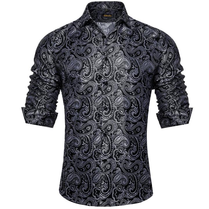 Luxury Silk Shirts for Men Black Silver Paisley Wedding Prom Party Button Down Collar Dress Shirt Blose Men Clothing