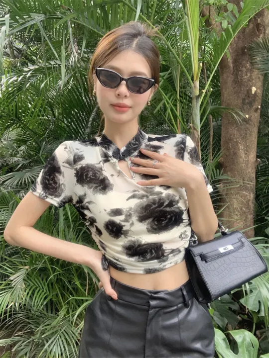 Chinese%20Style%20Buckle%20Shoulder%20Short%20Sleeve%20T%20T-shirt%20Women's%20Summer%20New%20Hot%20Girl%20Short%20Drawstring%20Lace%20Slimming%20Irregular%20Top%20-%20Image%204