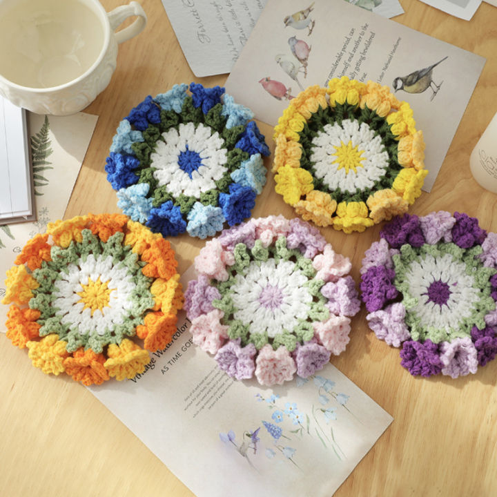 Handmade Crochet Flower Coaster Creative Knitting Gift Home Decor Cup Mat Multicolor Tea Coffee Placemat Round Table Place Mat