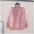 Design Sense Pleated Lace-up Long-Sleeved Pink Cotton Shirt Women's Loose Shirt2023Spring and Summer Artistic Temperament Top Fashion. 