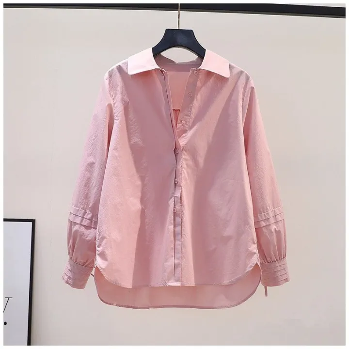 Design%20Sense%20Pleated%20Lace-up%20Long-Sleeved%20Pink%20Cotton%20Shirt%20Women's%20Loose%20Shirt2023Spring%20and%20Summer%20Artistic%20Temperament%20Top%20Fashion%20-%20Image%203