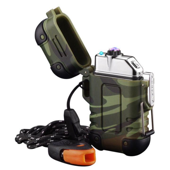 Outdoor waterproof survival whistle pulse double arc charging lighter USB igniter