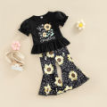 Kid Girl Outfit Set Letter Sunflower Printed Short Sleeve Ruffle Hem Tops Elastic Waist Flared Pants. 