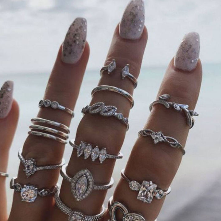 15 Pieces Set Ring Set Women'S Joint Ring Hollow Crystal Love Ring Fashion Jewelry Rings - Ring For Girls - Ring