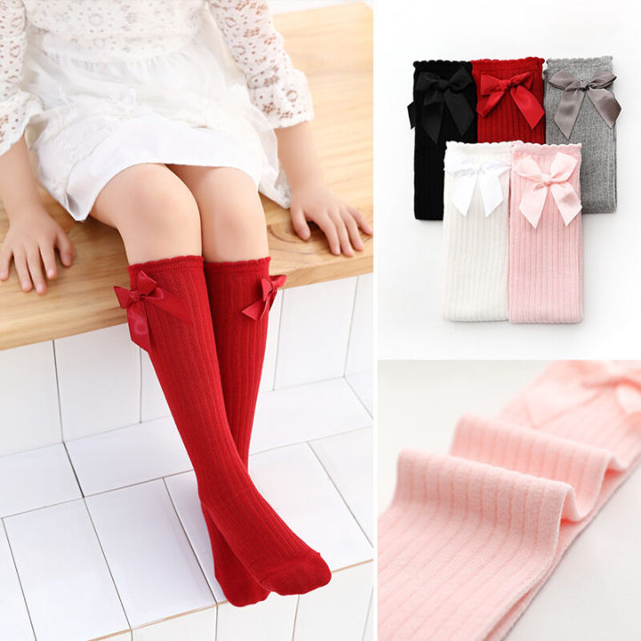 I LOVE DAD Elegant Bow Girl Knee-high Socks Solid Color Striped Stockings Children's Princess Style Socks Korean Style