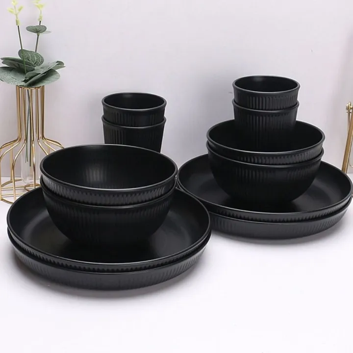 3pcs/set%20Durable%20Plastic%20Black%20Tableware%20Set%20Vertical%20Stripes%20Anti-fall%20Cutlery%20Set%20Plate/Bowl/Cup%20Party%20-%20Image%207