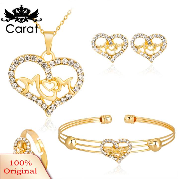 Carat Women KC Gold Plated Mom Hollow Heart Necklace Jewelry Set Bracelet Earrings