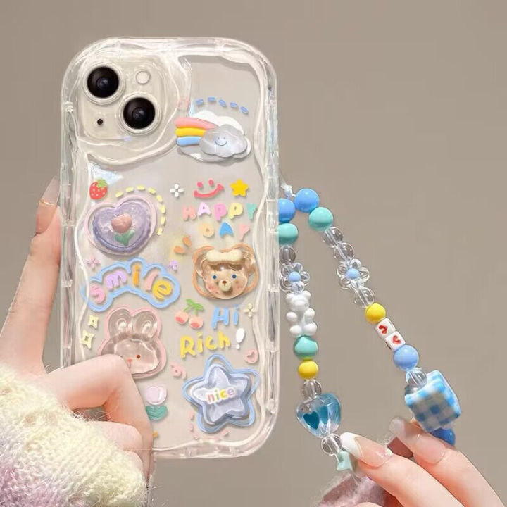 Korean 3D Rabbit Phone Chain Lanyard Clear Soft Case For Iphone 6 6S 7 8 Plus X XS Max XR 11 15 Pro Max 12 13 Mini Cartoon Phone Case Shockproof TPU Silicone Back Cover
