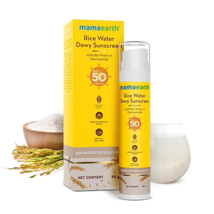 Mamaearth%20Rice%20Water%20Dewy%20Sunscreen%20with%20Rice%20Water%20&%20Niacinamide%2050%20g%20%7C%20Gives%20SPF50%20&%20PA++++%20Protection%20%7C%20For%20Glass%20Skin%20Glow%20%7C%20Evens%20Skin%20Tone%20%7C%20UVA%20&%20UVB%20Protection%20%7C%20No%20White%20Cast%20%7C%20All%20Skin%20Types%20-%20Image%204