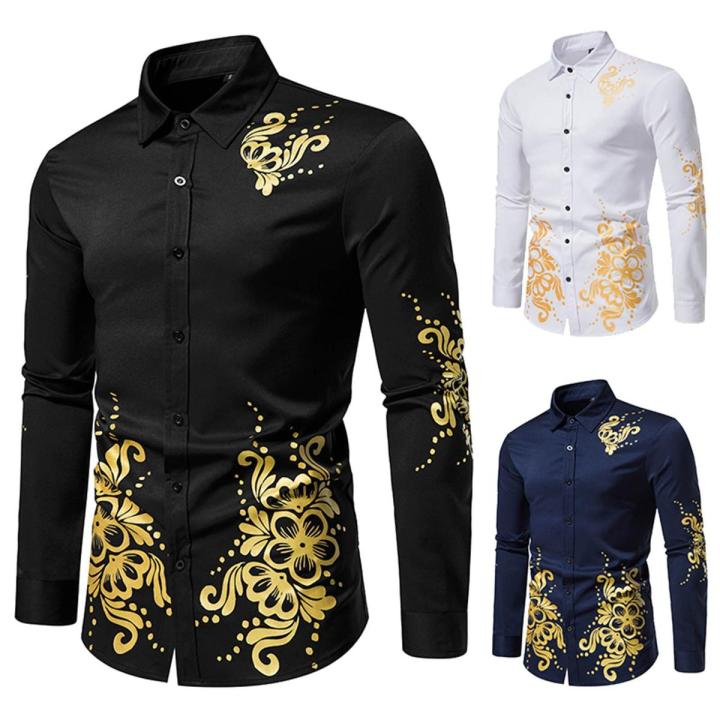 Golden Leaf Print Luxury Shirt Men Autumn Winter Single Breasted Long Sleeve Slim Fit Button Retro Social Dress Shirt Streetwear