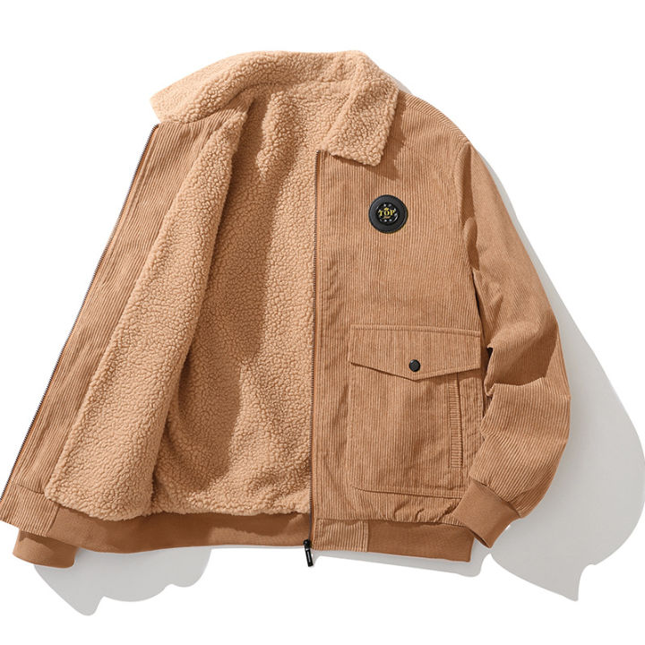 Coat Men's Autumn and Winter Fleece-lined Warm Japanese Retro Style Trends Corduroy Loose Casual Polo Collar Men's Clothing