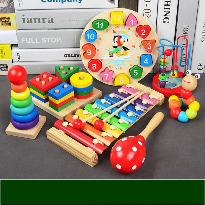 Baby early education toys baby Montessori building block set pillar tapping piano twisting insect puzzle gift mini winding bead string