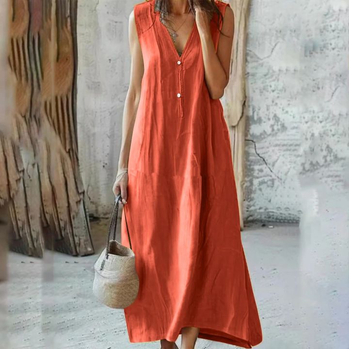 Women%E2%80%99s%20Cotton%20Linen%20Summer%20Sleeveless%20Dress%20with%20Chic%20Design%20-%20Image%205