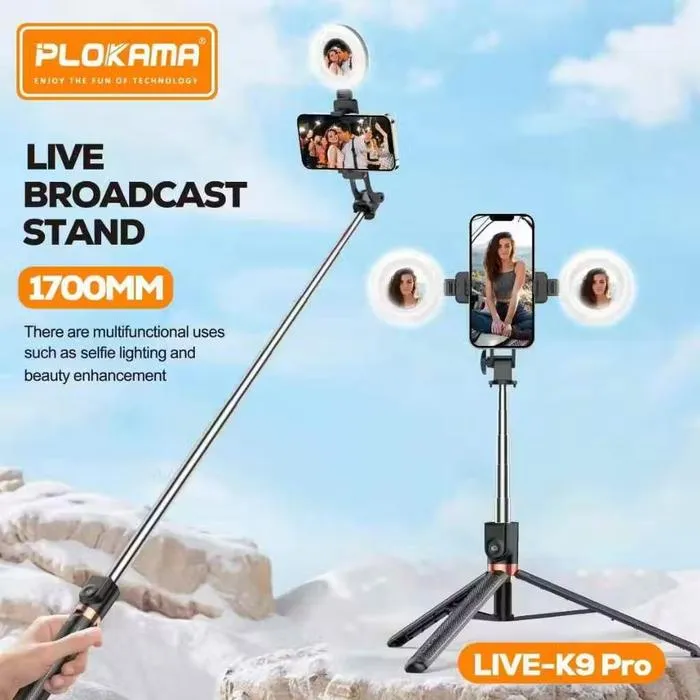 Plokama LIVE-K9 Pro 1700mm Ultra Long Selfie Stick with Tripod Stand & Ring Light – Adjustable, Portable for Mobile Vlogging & Live Streaming By Pucxo