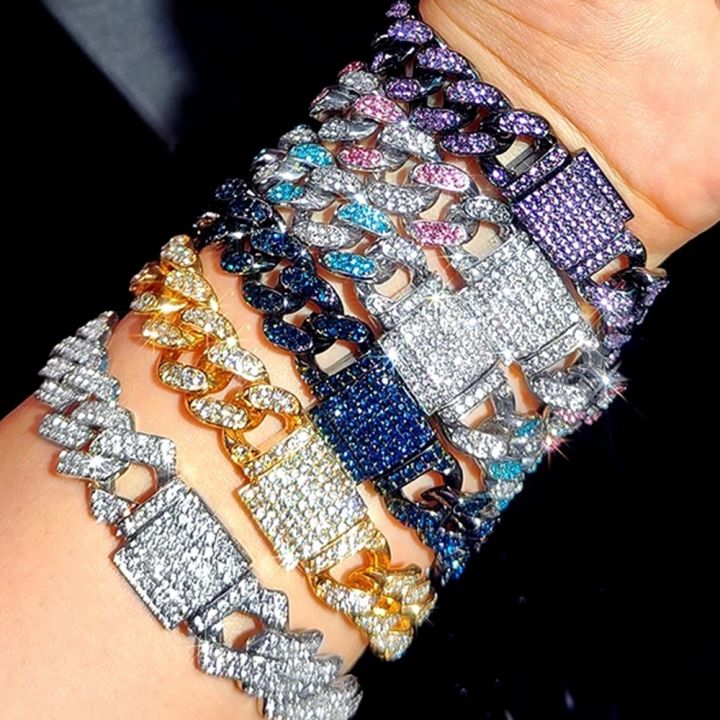 Iced Out Hip Hop Cuban Link Chain Bracelets for Men Women High-Quality Bling AAAA+Rhinestone Paved Miami Bracelets Men's Jewelry