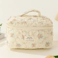 Women Floral Cosmetic Bag Printed Cotton Aesthetic Toiletry Purse Large Capacity Zipper Closure Girls Daily Handbag. 