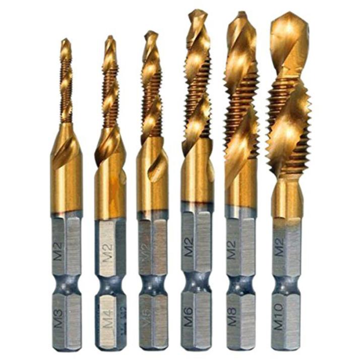 6Pcs HSS Titanium M3 - M10 Combination Hex Deburr Countersink Tap Drill ...