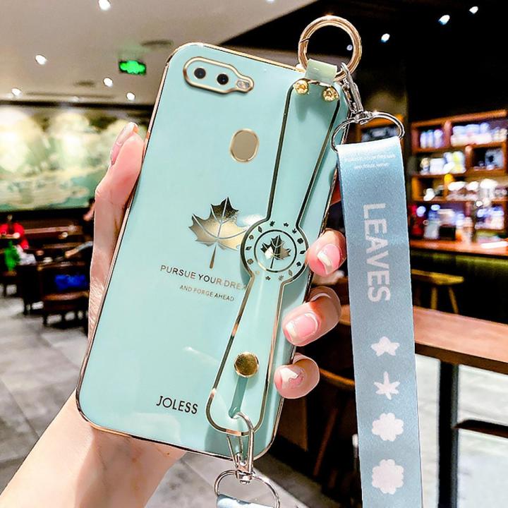 For OPPO A5s Back Cover with Lanyard Wristband Fashion Shiny Maple Leaf Plating Bumper Stand Holder Case Camera Protection Soft Silicone Mobile Phone Cases Daraz .bd