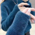 Winter Women Pullover Sweater Fashion Half Turtleneck Knitted Jumper Loose Imitation Mink Velvet Knitted Sweater Femme Tops T93. 