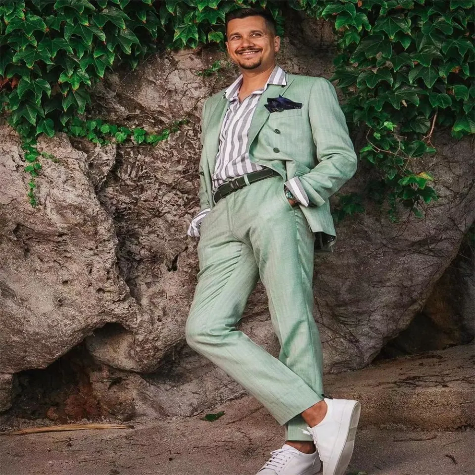 Wedding Suit Groom Light Green Linen Double Breasted Formal Slim