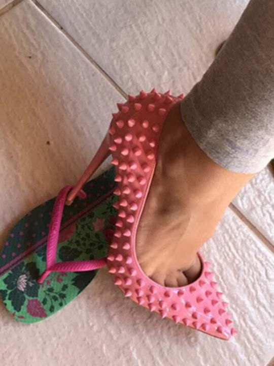 European and American style pink rivet high heels, black willow