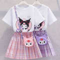 Girls' JK New Fashionable Short Sleeve Academy Style Pleated Skirt Kuromi Princess Dress Summer Two Piece Set. 