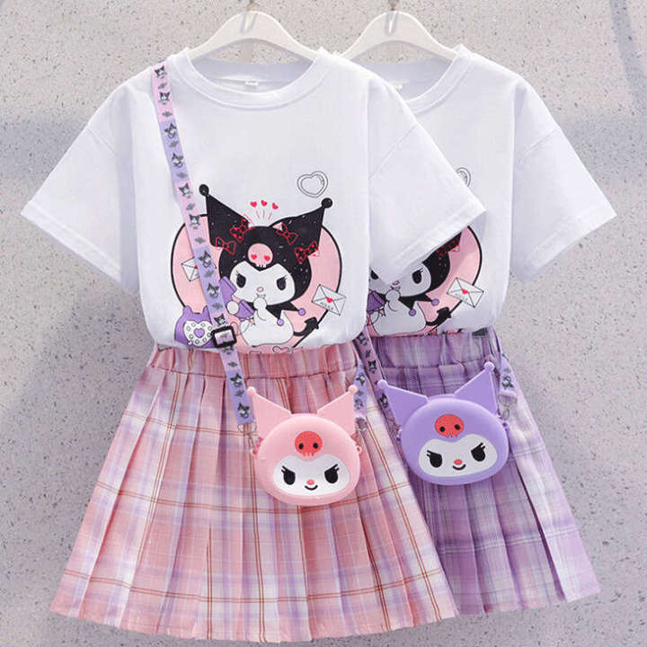 Girls'%20JK%20New%20Fashionable%20Short%20Sleeve%20Academy%20Style%20Pleated%20Skirt%20Kuromi%20Princess%20Dress%20Summer%20Two%20Piece%20Set%20-%20Image%202