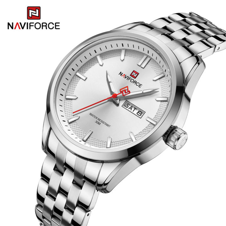 NAVIFORCE 9203 Business mens watches stainless steel strap with Day Quartz Wristwatches-Silver