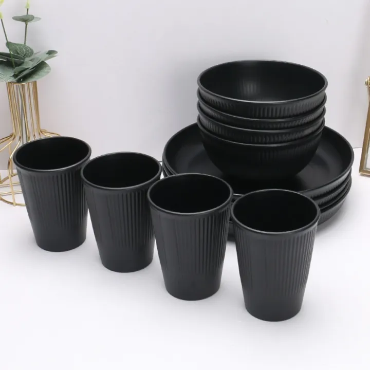 3pcs/set%20Eco-friendly%20Plastic%20Black%20Tableware%20Set%20Vertical%20Stripes%20Anti-fall%20Cutlery%20Set%20Plate/Bowl/Cup%20Party%20-%20Image%203
