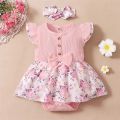 0-18 Months Baby Girl Floral Romper Dress Fly Sleeve Summer Ribbed Jumpsuit with Headband Newborn Baby Girl Lovely 2PCS Outfit. 