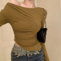 【Hot deal】 Autumn Hottie Off Shoulder T-shirt Women Solid Color Long Sleeve Chic Crop Tops.