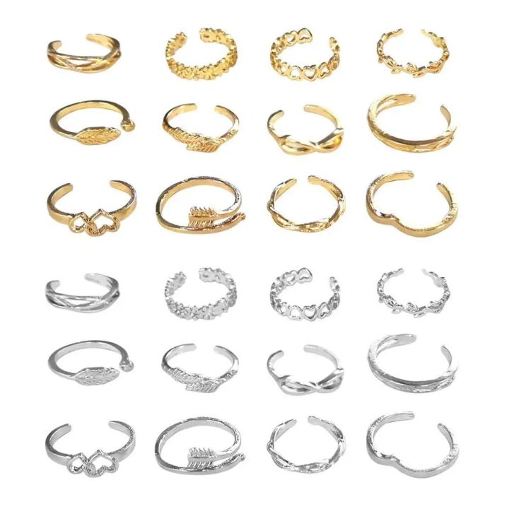 Fashion Foot Leg Beach Geometric Open Barefoot Finger Rings Cute Heart Feather Toe Rings Women Jewelry 12pcs/set