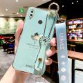 For Huawei Y7 Prime 2019 Back Cover with Lanyard + Wristband Fashion Shiny Maple Leaf Plating Bumper Stand Holder Case Camera Protection Soft Silicone Mobile Phone Cases. 