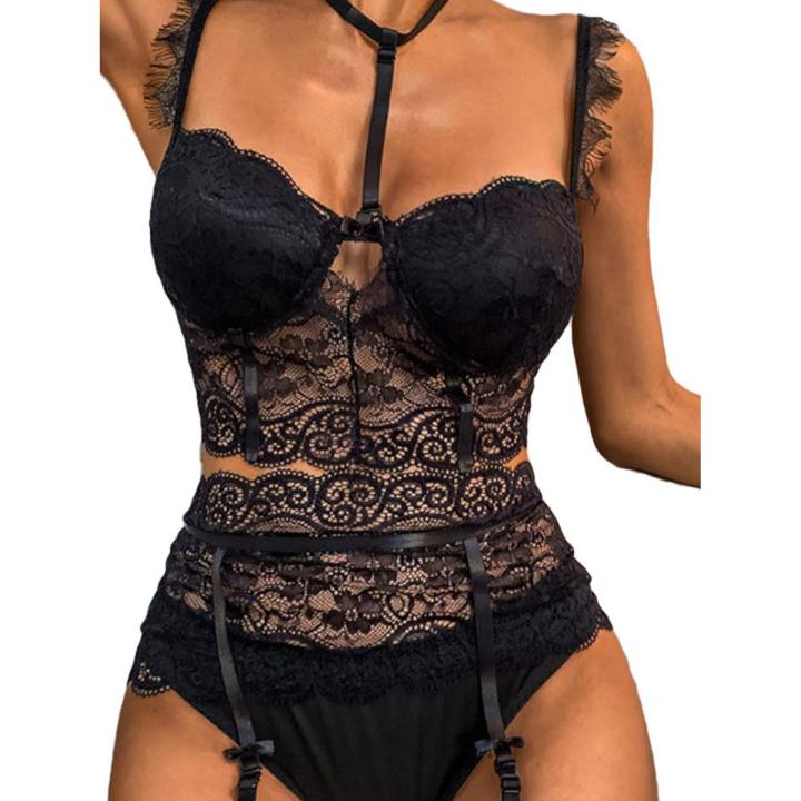  Women Sexy Lace Lingerie Set, Hollowed Out Slim Fit V-neck Underwear 
