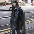 Leather Coat Women's Spring Mid-Length Autumn and Winter Korean Loose Leisure Hong Kong Style MotorcyclepuLeather Jacket with Cotton for Students.