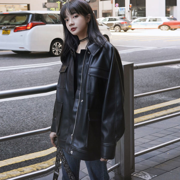 Leather%20Coat%20Women's%20Spring%20Mid-Length%20Autumn%20and%20Winter%20Korean%20Loose%20Leisure%20Hong%20Kong%20Style%20MotorcyclepuLeather%20Jacket%20with%20Cotton%20for%20Students%20-%20Image%203