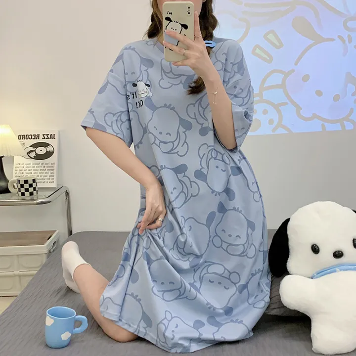 Pajamas%20Women's%20Summer%20Knitted%20Cotton%20Nightdress%20High-End%20Mid-Length%20Loose%20Large%20Size%20Korean%20Style%20Cute%20Dress%20Home%20Wear%20-%20Image%203