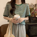 Korean Style Black Striped round Neck Contrast Color Short Sleeve T T-shirt Women's Spring and Autumn New Hong Kong Style Retro Easy Matching Bottoming Shirt Inner Wear.