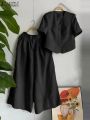 Women's Summer Vintage Short Sleeve Blouse Wide Leg Pants Sets Women 2PCS Solid Matching Sets Casual Loose Tracksuit Outfits.