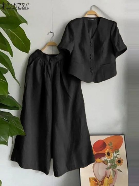Women's%20Summer%20Vintage%20Short%20Sleeve%20Blouse%20Wide%20Leg%20Pants%20Sets%20Women%202PCS%20Solid%20Matching%20Sets%20Casual%20Loose%20Tracksuit%20Outfits%20-%20Image%203