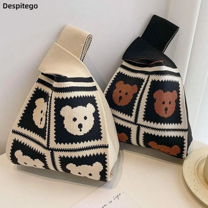 Korean Knot Wrist Bag Small Bear Knitted Bag Women's Handbag Fashion Simple Tote Bag Purses Ladies Clutch Woven Shopping Bag