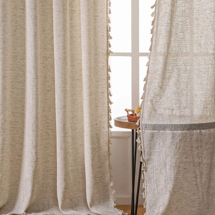 Solid Cotton Linen Tassel Window Curtain Semi-shading Vintage Drapes for Living Room Bedroom Kitchen Door Drapes Home Decoration