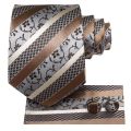 Hi-Tie Gold Striped Paisley Solid Men Silk Wedding Tie Fashion Design Necktie For Men Hanky Cufflink Business Party.