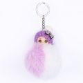 Wooled Doll Shaped Key Ring - Pink and Grey - Doll. 