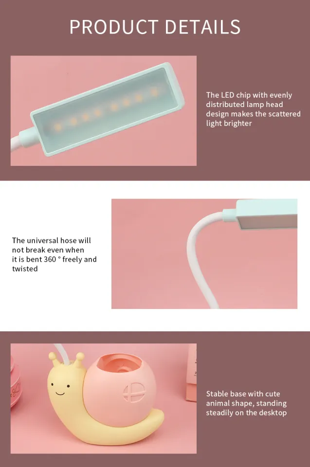Cute Desk Lamp with Pen Holder Snail Rechargeable LED Table Lamp for Kids Foldable Reading Desk Light for Bedroom Nursery Study Home-D Shop