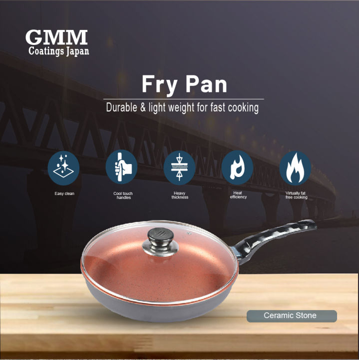 Non-Stick Fry Pan (24 CM) Marble Coting from GMM Coatings, JAPAN (Exotic Quality with Glass Lid)