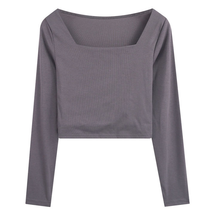 Early%20Autumn%20Hot%20Girl%20Square%20Collar%20Short%20Top%20for%20Women%202024%20New%20Korean%20Style%20Fitted%20Bottoming%20Bottoming%20Shirt%20Long%20Sleeve%20T%20T-shirt%20Women's%20Fashion%20-%20Image%205