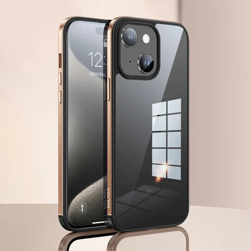 COD)SULADA Metal Frame Nano Glass TPU Phone Case For iPhone 15